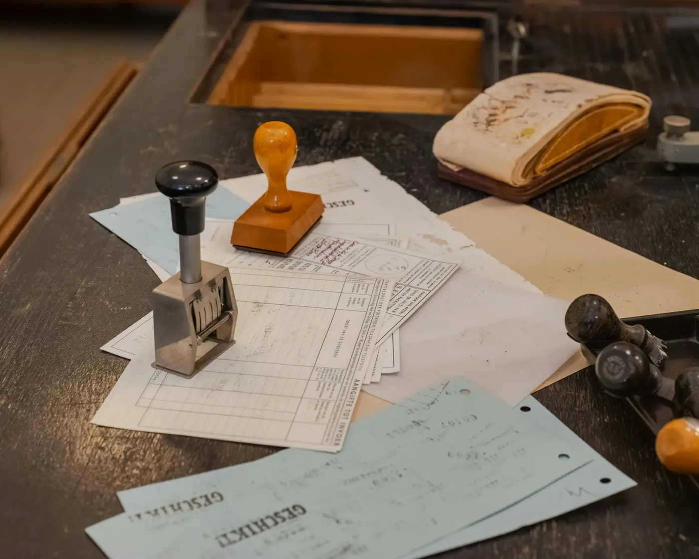 Notary stamps and documents on a desk